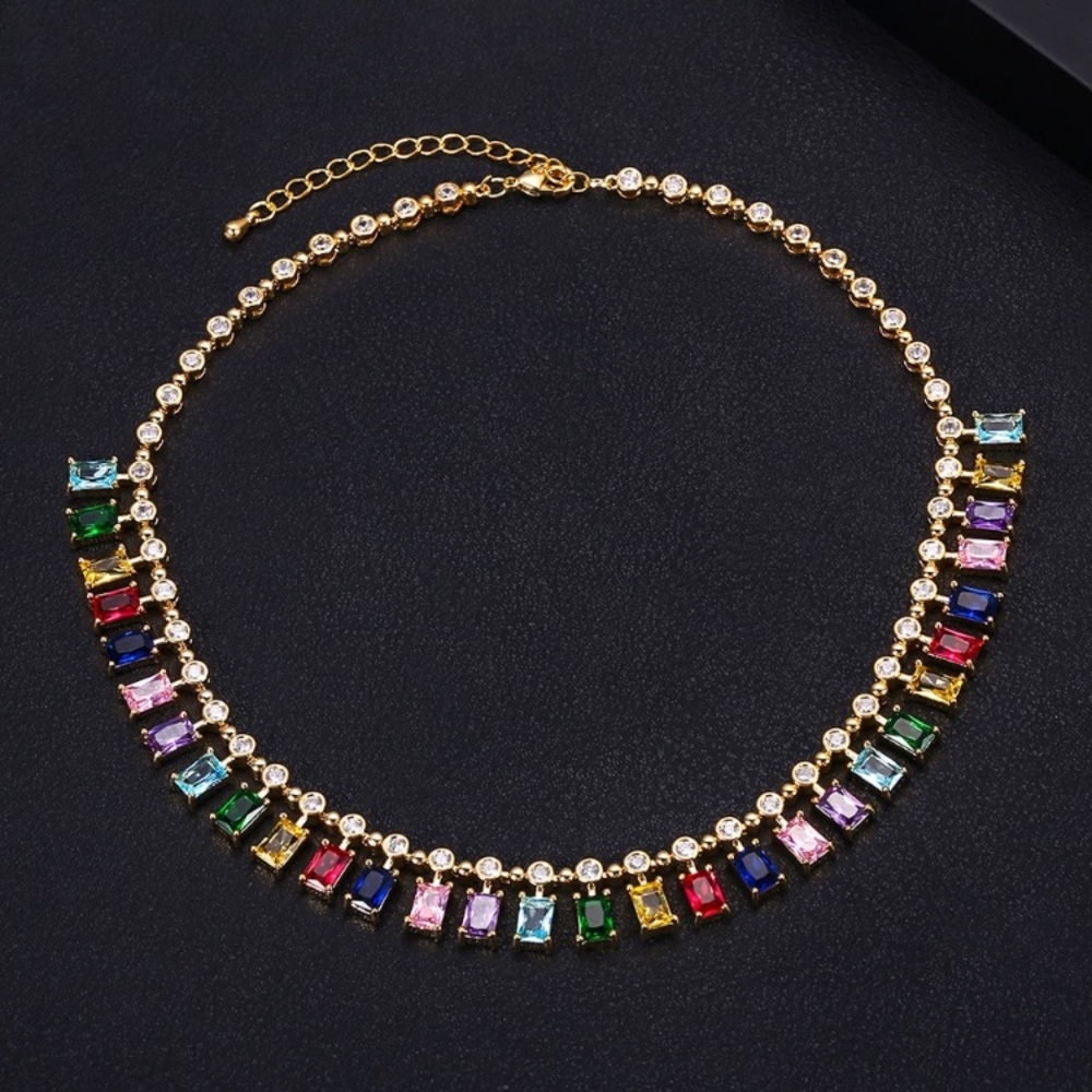 Rainbow Dangle Baguette Choker Necklace - Picture 3 of 4